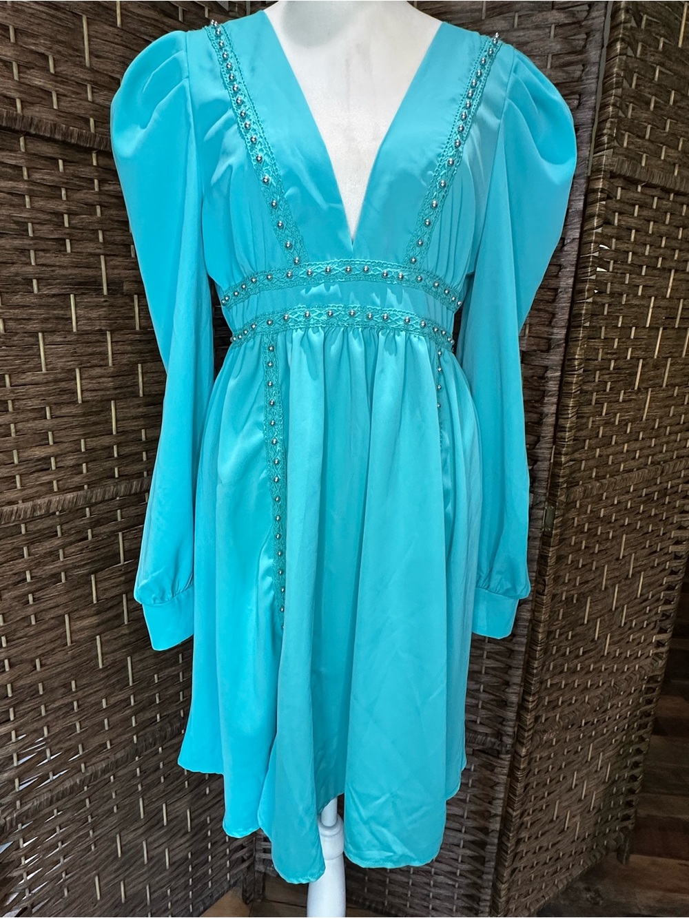 Turquoise V-Neck Puffed Long Sleeve Mini Dress - Picture 2 of 5